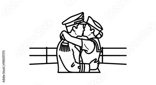 Couple in Uniform Kissing on Ship Deck, Romantic Farewell
