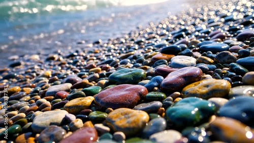 Colorful pebbles on the shore with water in the background, a beautiful natural scene.