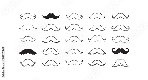 Vintage mustache styles collection featuring various masculine facial hair shapes for barber shop branding and grooming kits.
