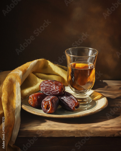 A glass of tea with steam rising, accompanied by dates on a plate, with a yellow cloth draped over a wooden table.