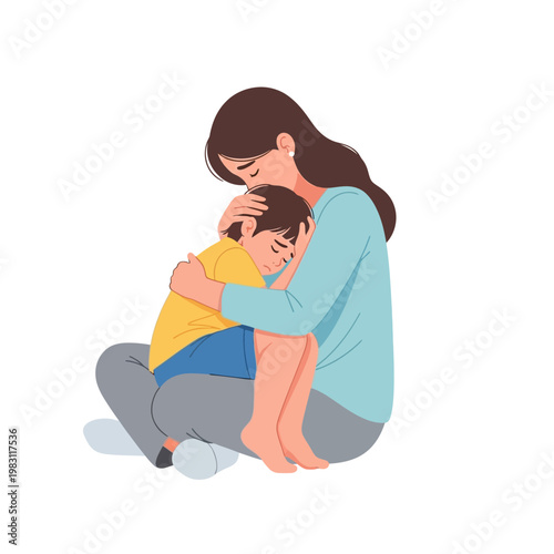 Mother comforting her crying child sitting on floor