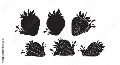 Fresh strawberry fruit set with juice splashes featuring whole berries and cut halves in bold black silhouette style graphics.