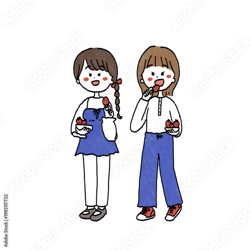 いちご狩りを楽しむ女の子2人組のイラスト