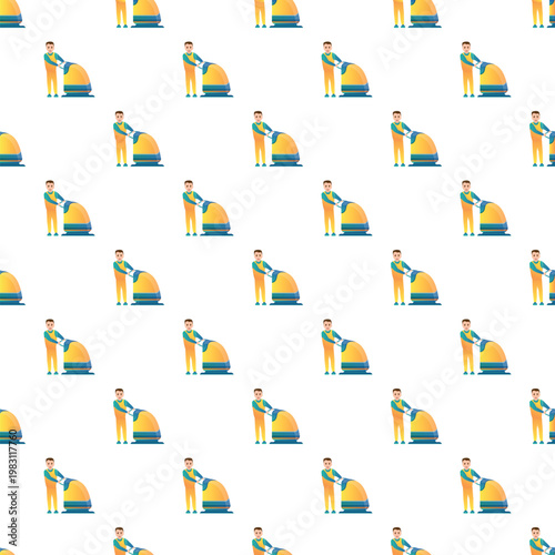 Cleaning service worker operating an industrial floor cleaning machine creating a seamless pattern