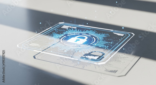 Digital security concept in a bright setting showcasing a secure lock interface with technology elements against a modern background
