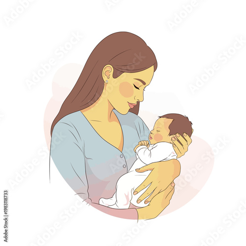Mother holding newborn baby in her arms love and care