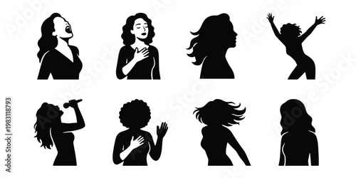 Black silhouette woman singing and dancing collection, 8 female singer icons set, expressive musical performance vector graphics for concert posters