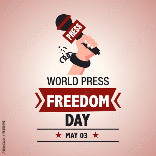 Hand holding a microphone with broken shackles representing freedom of the global press