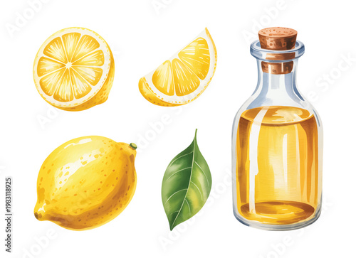 Natural lemon and citrus oil elements with slice leaf and glass bottle watercolor illustration. 