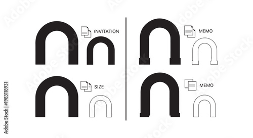 Set of arch icons representing different document sizes invitation size and memo formats vector illustration.