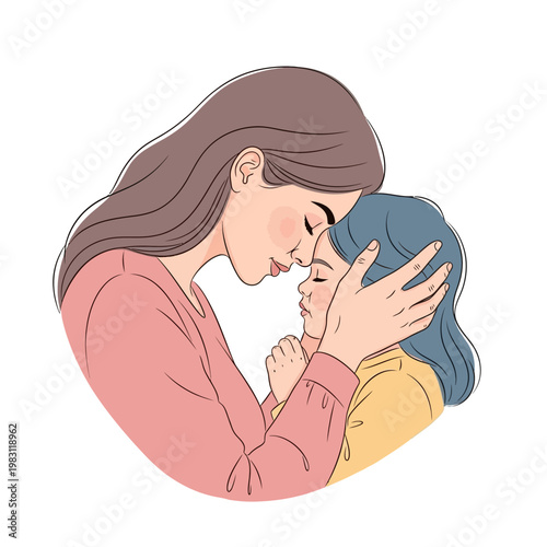 Mother comforting her daughter with a gentle touch and loving embrace