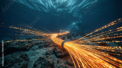 Glowing fiber optic cable runs across ocean floor, symbolizing high speed internet, global data transmission, subsea network infrastructure, digital connectivity and modern communication technology