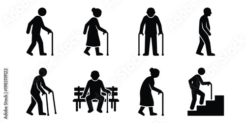 Elderly people silhouette icons, senior citizens walking with canes and walkers, set of 8 vector pictograms for geriatric care and accessibility