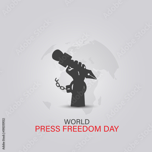 Vector illustration of a hand holding a microphone and pen for press freedom day