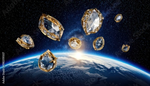 Sparkling Gemstones Orbiting Earth Above Pixelated Atmosphere With Starry Night Sky