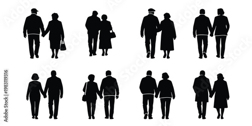 Senior couple silhouettes walking hand in hand, elderly people holding hands vector set, retired man and woman walking together, 8 pairs of aged people