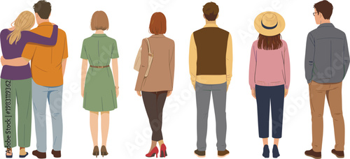 People back view characters set, casual men and women standing, lifestyle vector illustration collection