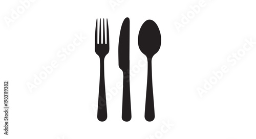 Essential cutlery set including fork knife and spoon in black silhouette vector illustration for restaurants.