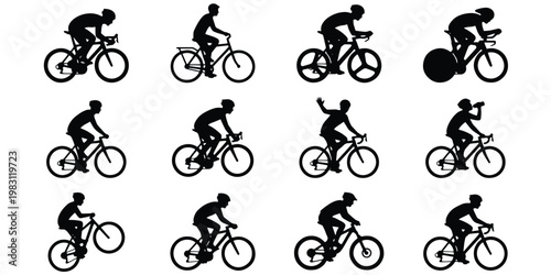 Cyclist silhouette collection with 12 vector elements, professional road bike riders and mountain bikers, black bicycle racing icons for sports design