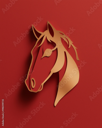 A golden horse head silhouette with flowing mane and tail against a deep red background.
