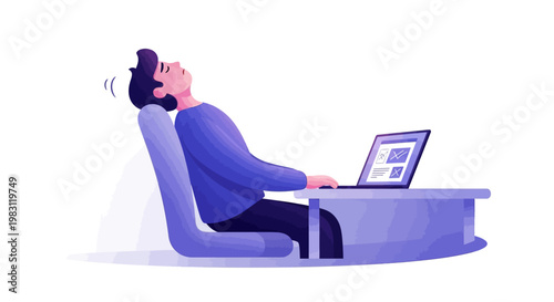 Relaxed woman sitting on chair. Person working on laptop. Female employee on break. Vector illustration on white background. Businesswoman resting. Office worker reclining. Laptop user.