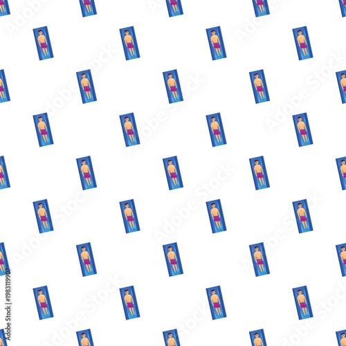 Repeated cartoon man floating on a blue mattress, forming a seamless summer pattern