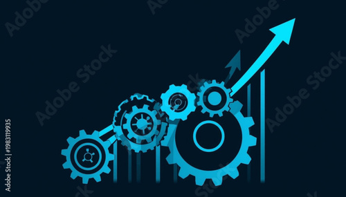 Abstract business data growth with blue gears and rising financial arrow