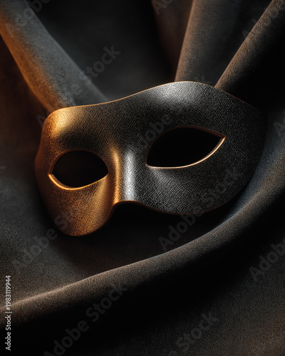 A golden mask with eye holes and a nose bridge resting on a dark, textured fabric with soft lighting creating a dramatic effect.