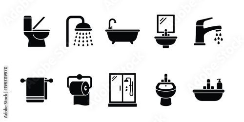 Bathroom plumbing icons set, black solid silhouette bathroom equipment symbols, 10 sanitary ware vector elements for interior design and real estate