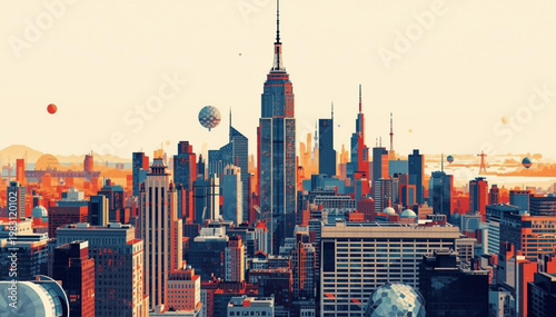 Retro stylized city skyline illustration with skyscrapers and hot air balloons