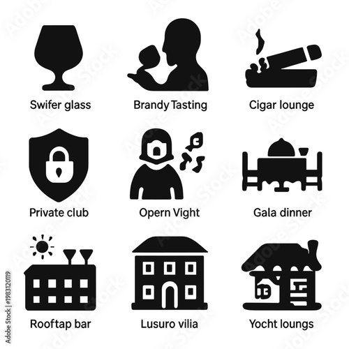 Luxury icons: swifer glass, brandy tasting, cigar lounge, private club, rooftop bar