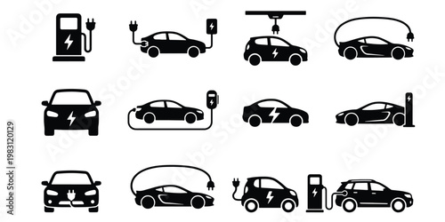 Electric vehicle charging icons, 12 black silhouette EV car symbols, sustainable transport and renewable energy station vector set for web design