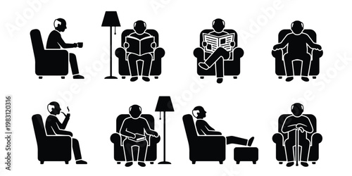 Elderly man sitting in armchair icon set, senior male character relaxing at home vector, retired person reading and resting in lounge chair