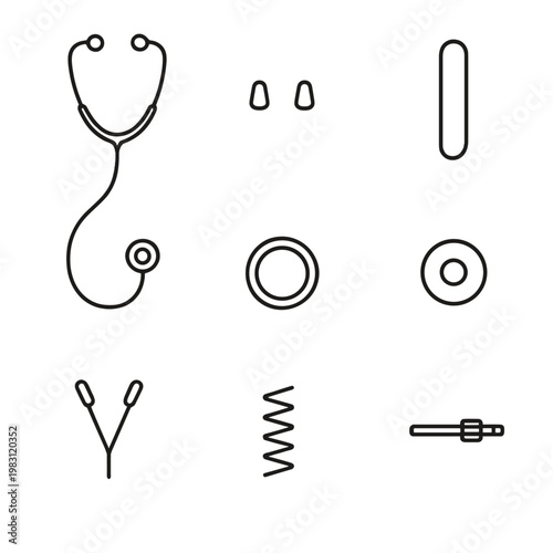 Minimalist medical icons: stethoscope, syringe, and bandage on gray background