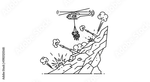 Helicopter rescue operation on a rocky mountain during an attack, evacuation of people