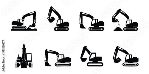 Excavator icon set with 8 vector elements, heavy construction machinery silhouettes, industrial digger equipment for building site infographics