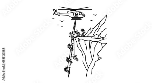 Helicopter rescue operation on a steep cliff with people rappelling down