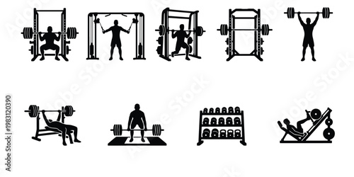 Gym workout icons set, bodybuilding and weightlifting silhouettes, fitness training equipment vector, 9 black exercise symbols for sports design