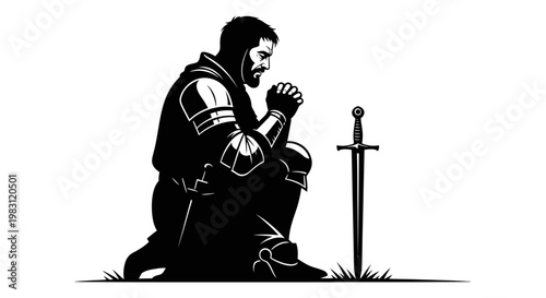 Knight Kneeling in Prayer Beside Sword on Grass - Faith, Courage, and Devotion