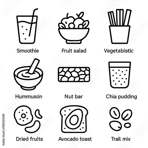 Healthy snack icons: smoothie, fruit salad, hummus, nut bar, avocado toast