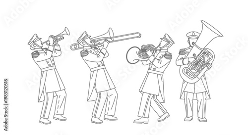Line Art Illustration of a Brass Band Marching Musicians Playing Instruments