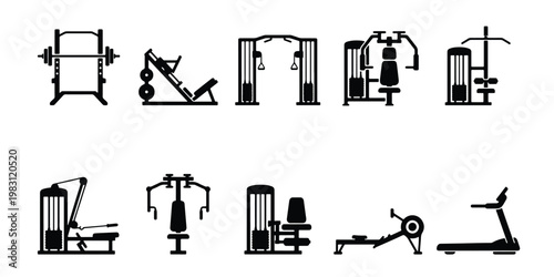 Gym equipment icons set, 10 fitness machine vector silhouettes, black workout station symbols for bodybuilding and strength training