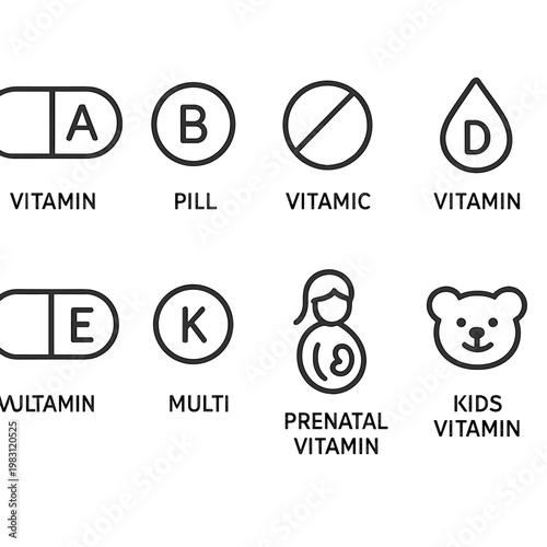 Icon set of vitamin supplements for adults and children