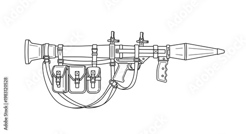 Line Art Illustration of a Bazooka Rocket Launcher with Ammunition Pouches