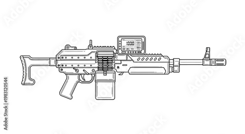 Line Art Illustration of a Modern Machine Gun with Scope