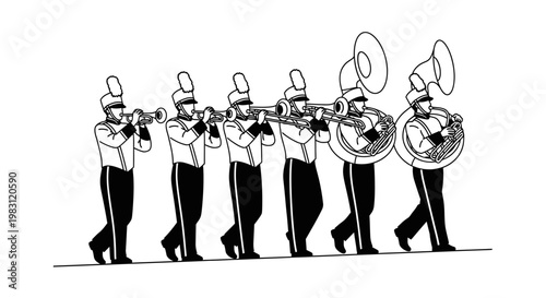 Marching Band Musicians Playing Brass Instruments in Uniforms