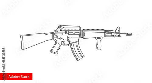 Line art illustration of an assault rifle, isolated on white background