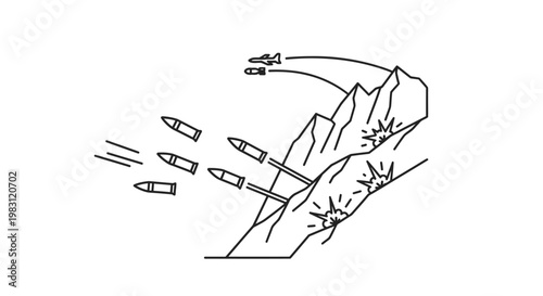Military Aircraft Bombing Mountainous Terrain with Explosions and Bullets