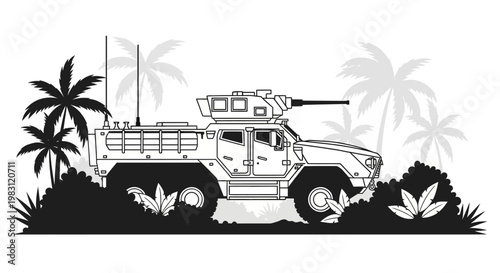 Military armored vehicle with turret in jungle setting, palm trees and foliage