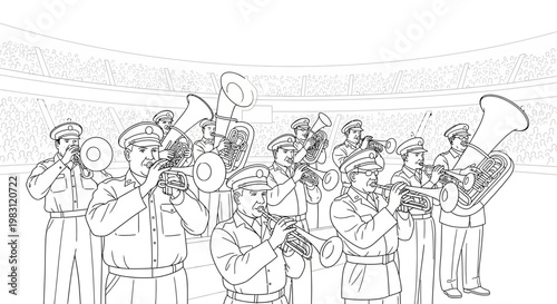 Military Band Playing Instruments in Stadium